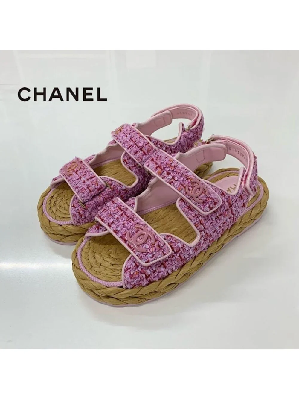 Chanel Tweed Patent CC Logo Velcro Sandals Pink
